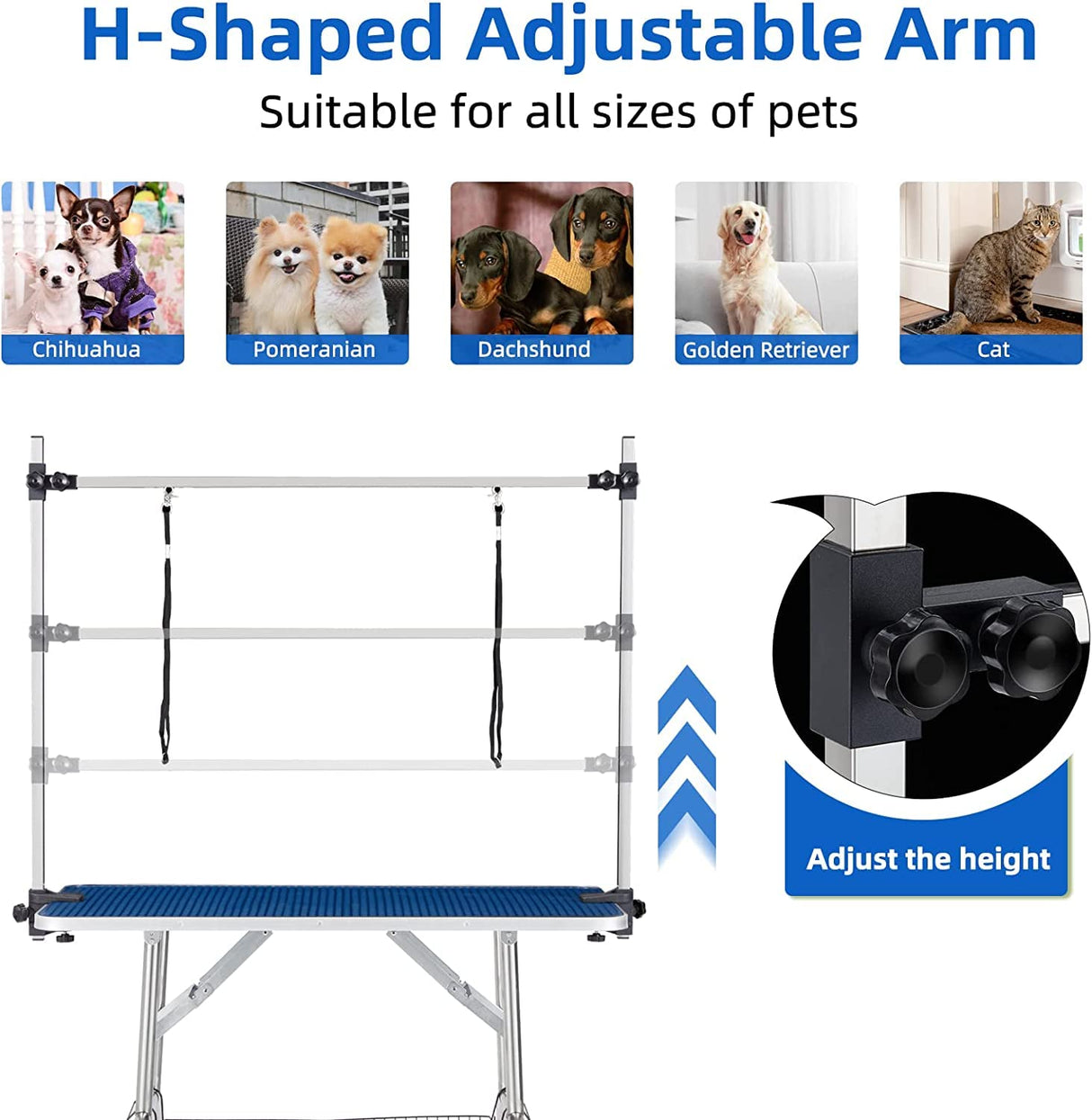 EPIKOIB Pet Dog Grooming Table, Foldable Stainless Steel Pet Drying Grooming Table Up to 330lbs, Professional Bathing Desk for Dogs at Home with Adjustable Overhead Arms, Noose, Mesh Tray, 36''/Blue EPIKOIB