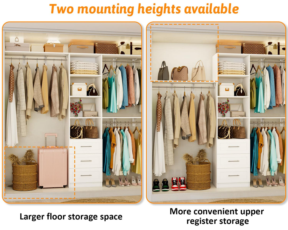 Sokiche Closet System with Drawers, 5FT-8FT Closet Organizer System with Shelves & Adjustable Hanging Rods, 96" Walk in Closet System Storage Wood, White Sokiche