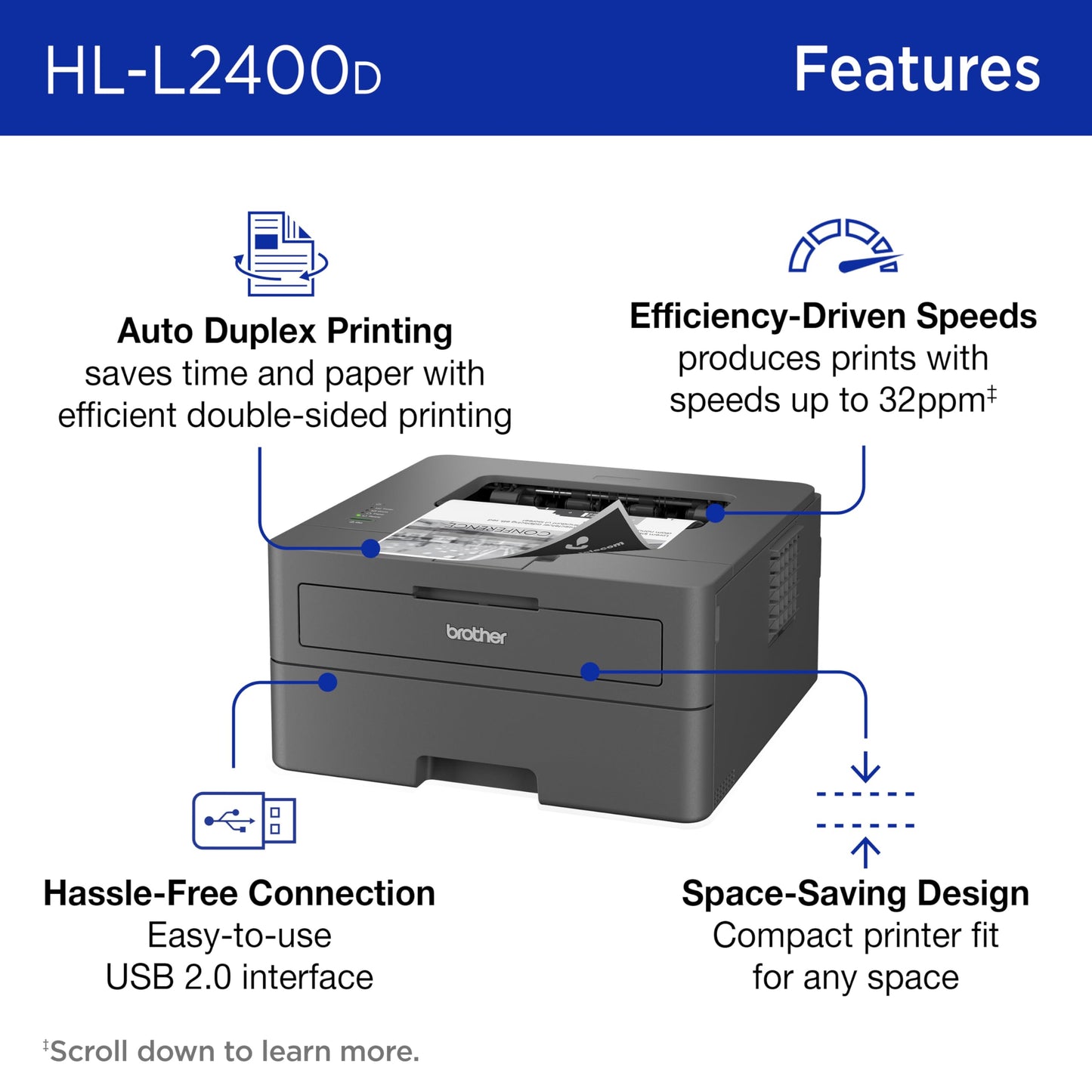 Brother HL-L2400D Compact Monochrome Laser Printer with Duplex Printing, USB Required (Cable not Included), Black & White Output