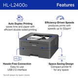Brother HL-L2400D Compact Monochrome Laser Printer with Duplex Printing, USB Required (Cable not Included), Black & White Output Brother