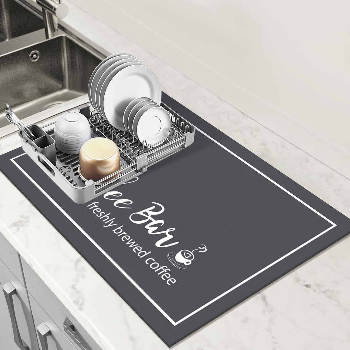 Findosom Dish Drying Mat, 12"x20" Absorbent Coffee Bar Mat for Countertops, Coffee Bar Accessories with Coffee Cup Pattern for Kitchen Counter Coffee Maker Coffee Pot Dining Room Decoration Findosom