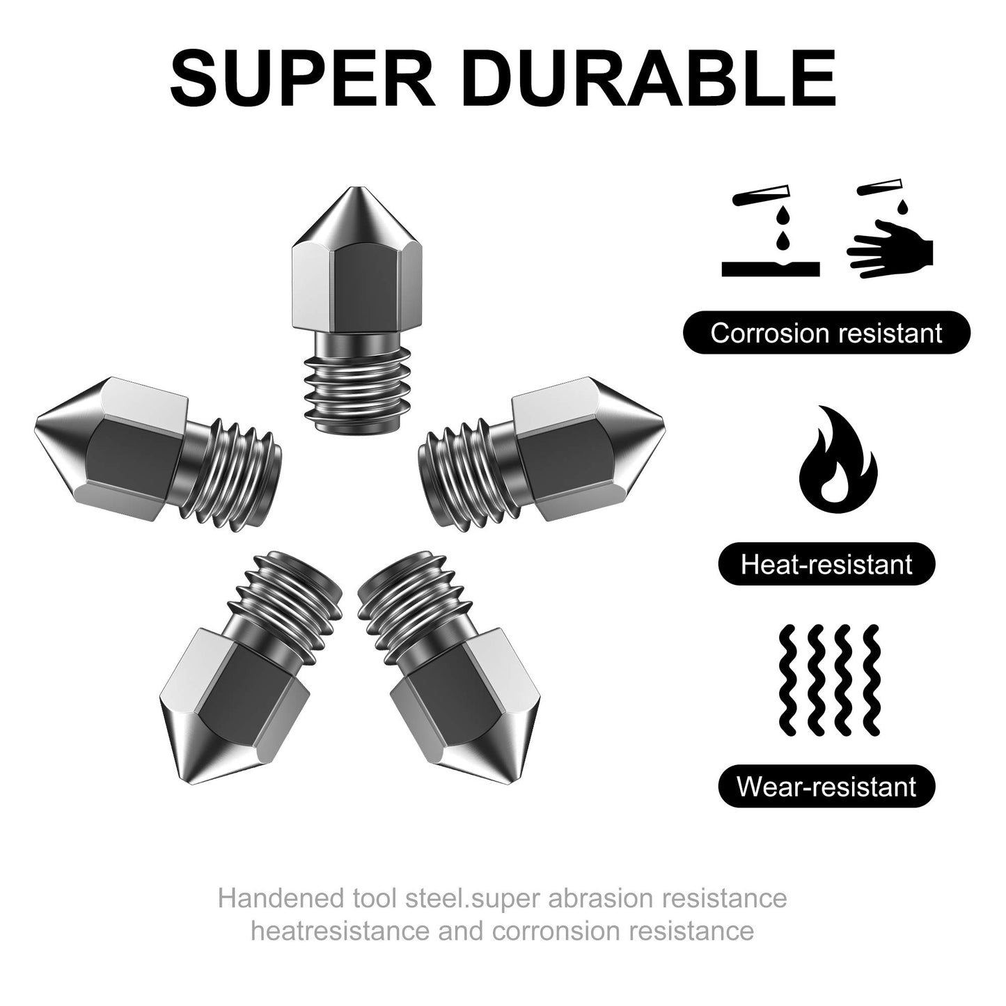 Tungsten Carbide 3D Printer MK8 Extruder Nozzle, High Temperature Printing, Super Wear Resistant, 0.4mm/1.75mm