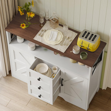 YGEOMER Buffet Cabinet Sideboard Farmhouse Coffee Bar with 3 Drawers and 2 Doors, Wood Kitchen Table Wine Bar Storage Cabinet for Dining Room YGEOMER