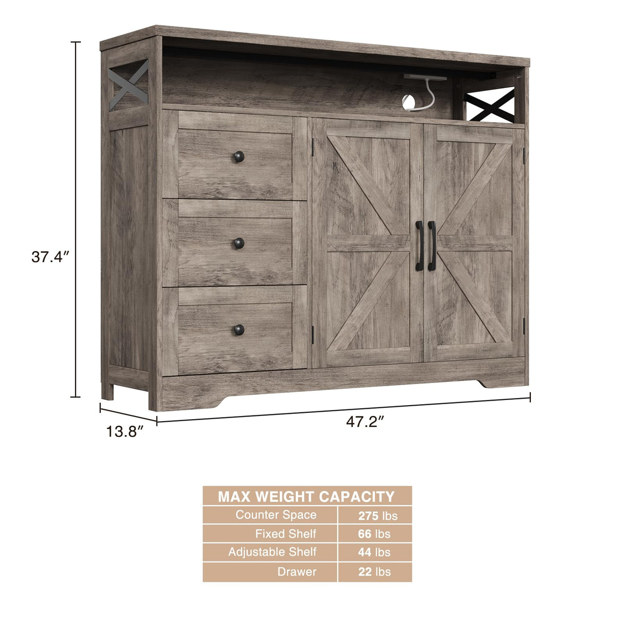 47''W Farmhouse Buffet Sideboard with Charging Station and 3 Drawers, Coffee Bar Cabinet Buffet Cabinet with Shelf, Rustic Accent Cabinet with Storage for Kitchen, Living Dining Room, Rustic Grey Vabches