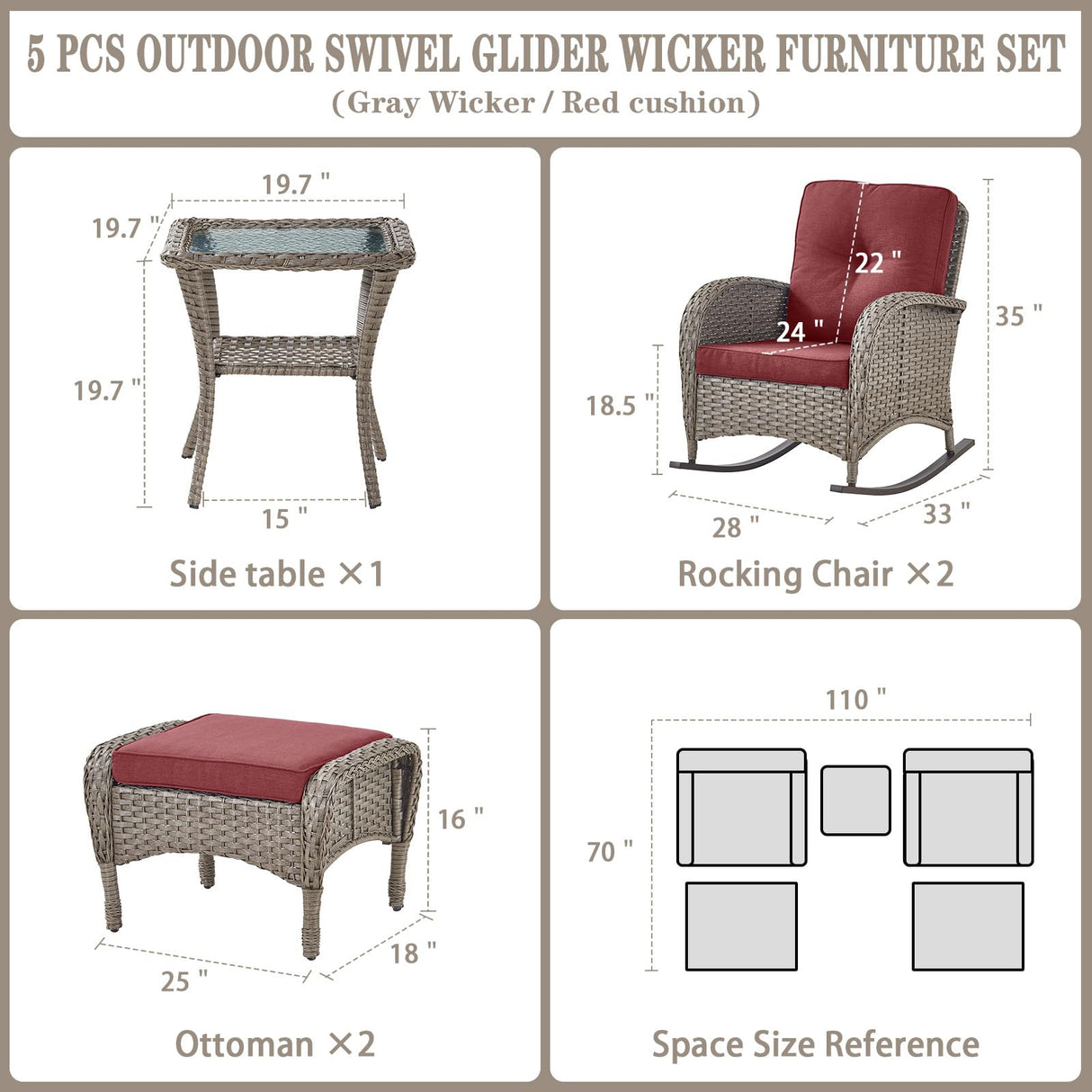 5 Piece Patio Rocking Chairs Furniture Set - Outdoor Wicker Furniture with Ottomans and Side Table, Rattan Conversation Bistro Set for Porch Balcony Backyard Belord