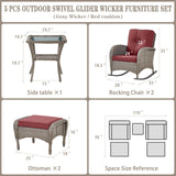 5 Piece Patio Rocking Chairs Furniture Set - Outdoor Wicker Furniture with Ottomans and Side Table, Rattan Conversation Bistro Set for Porch Balcony Backyard Belord