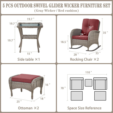 5 Piece Patio Rocking Chairs Furniture Set - Outdoor Wicker Furniture with Ottomans and Side Table, Rattan Conversation Bistro Set for Porch Balcony Backyard Belord