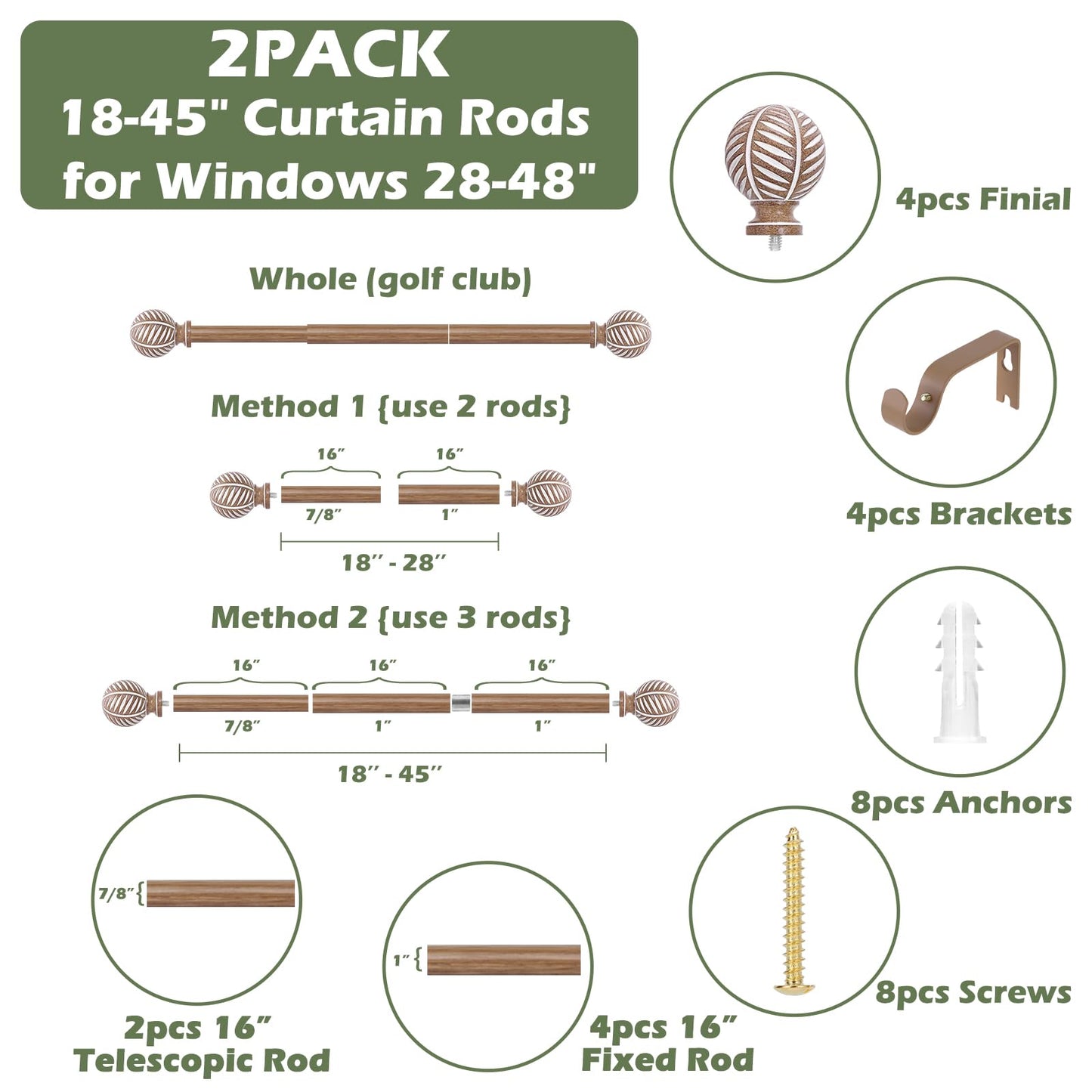 HTZON 2 Pack Wood Curtain Rods 28 to 48 Inch,1 Inch Boho Adjustable Curtain Rod,Imitation Wood Grain Leaf Window Curtains Rods,Farmhouse Rustic Heavy Duty Curtain Rods,Brown Drapery Rods Set 18-45"