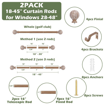 HTZON 2 Pack Wood Curtain Rods 28 to 48 Inch,1 Inch Boho Adjustable Curtain Rod,Imitation Wood Grain Leaf Window Curtains Rods,Farmhouse Rustic Heavy Duty Curtain Rods,Brown Drapery Rods Set 18-45"