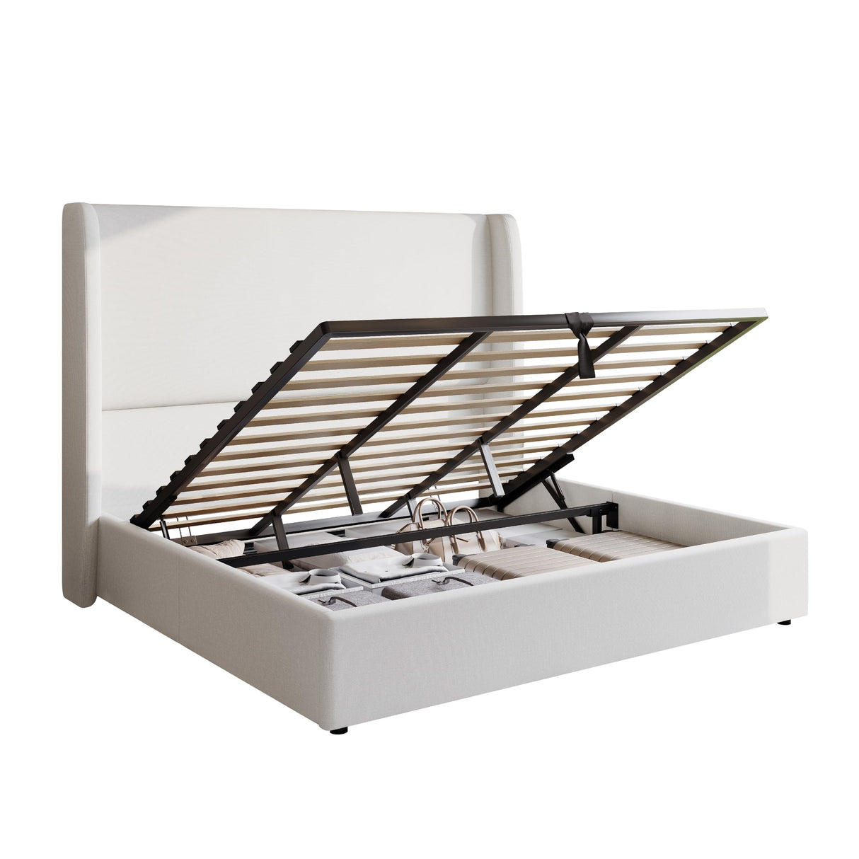 AMERLIFE Lift Up Storage Bed King Size Linen Upholstered Platform Bed Frame, Hydraulic Storage,Modern Wingback Headboard, No Box Spring Needed, White AMERLIFE