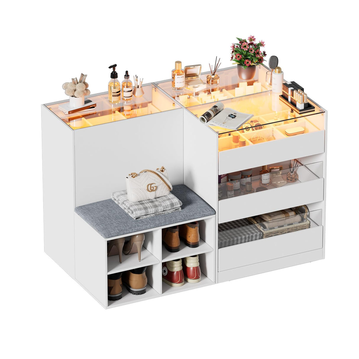 PAKASEPT Armoire Bedroom Island, Wardrobe Closet Island Dresser with Glass Showcase, Charging & 3 Color LED Light, Island Dresser with Bench, Walk in Wardrobe Furniture PAKASEPT