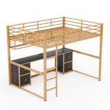Full Size Loft Bed with Desk and Storage Drawers, Metal Loft Bed with Bookcase and Charging Station, Full Size Loft Bed Frame with Guardrail, Full Loft Bed for Kids, Gold Black Loft Bed Full Bellemave