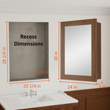 24 x 30 Inch Walnut Grain Medicine Cabinet with Mirror, Recessed or Wall-Mounted Wood Storage Cabinet for Bathroom, Adjustable Shelves, Soft-Close Hinges, Rectangle Buruis
