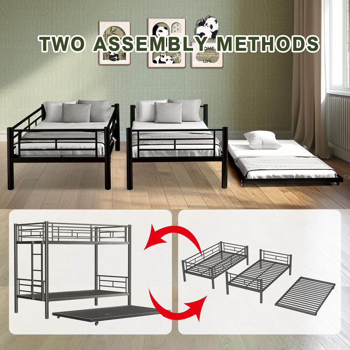 Twin Over Twin Bunk Bed with Trundle, Metal Bunk Beds with 2 Ladder and Guardrails, Convertible Triple Bunk Bed for Kids, Teens and Adults, No Box Spring Needed, Space Saving (Black) AYJOIR