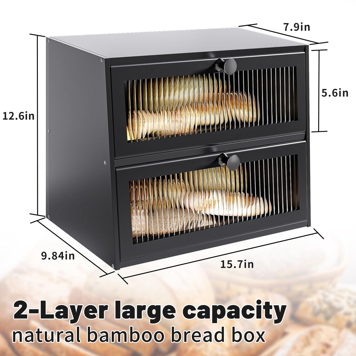 JUATPNIY Bread Boxes for Kitchen Counter Airtight Bread Storage Bread Container Large Wooden Farmhouse Bread Box with Window (Black) JUATPNIY