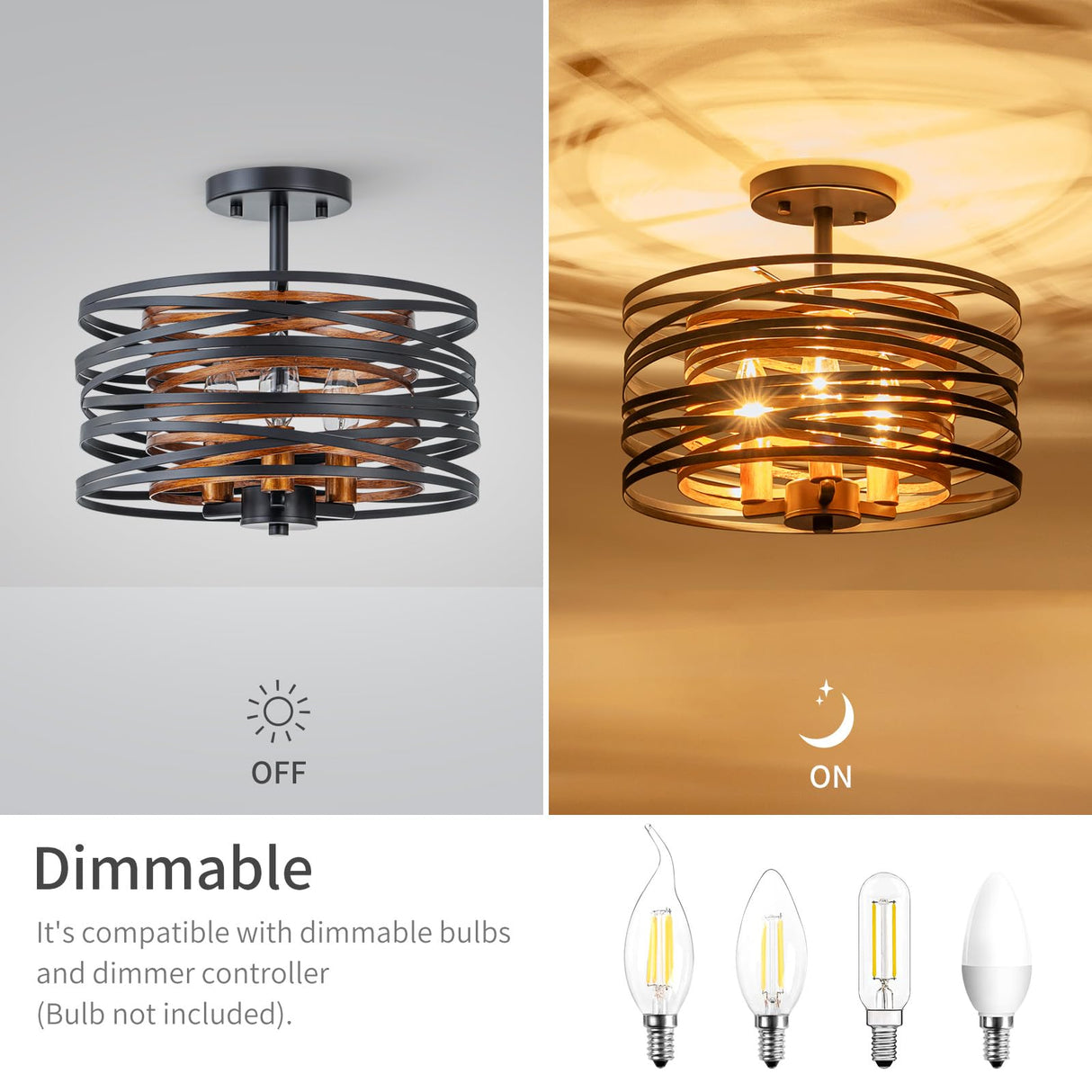 LumFurn 3-Lights Farmhouse Ceiling Light Fixture, Rustic Close to Ceiling Semi-Flushmount, Perfect Lamp for Living Room, Foyer, Kitchen, D12.6 x H11, Matte Black & Wood Texture Finish LumFurn