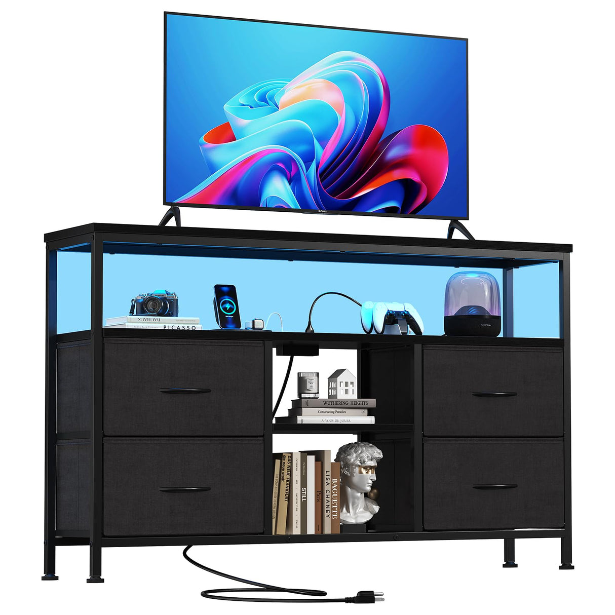 Sweetcrispy TV Stand Dresser for Bedroom 4 Drawers Entertainment Center with LED Lights and Power Outlets Media Console for 50 Inch TV Living Room Furniture with Open Shelf Adjustable Feet, Black Sweetcrispy