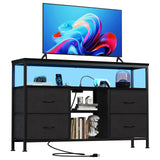 Sweetcrispy TV Stand Dresser for Bedroom 4 Drawers Entertainment Center with LED Lights and Power Outlets Media Console for 50 Inch TV Living Room Furniture with Open Shelf Adjustable Feet, Black Sweetcrispy