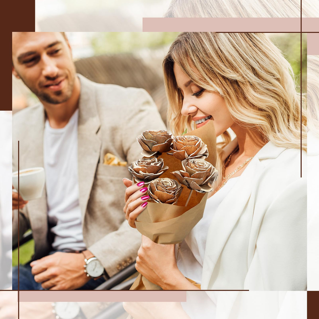 Hotop 5 Sets 5th Year Anniversary Wooden Rose Bouquet Artificial Wood Flower with Sticks Wedding Party Gift Label with Twine for Couple Gifts Women Home Centerpieces DIY Decoration Hotop