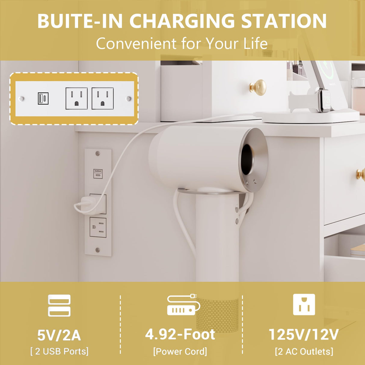 Makeup Vanity Desk with Mirror and Lights, White Vanity Table Set with Storage Drawers, Charging Station, Cabinets & Chair, Large Dressing Table with RGB Ambient Light for Women Girls Bedroom Bathroom Xixini