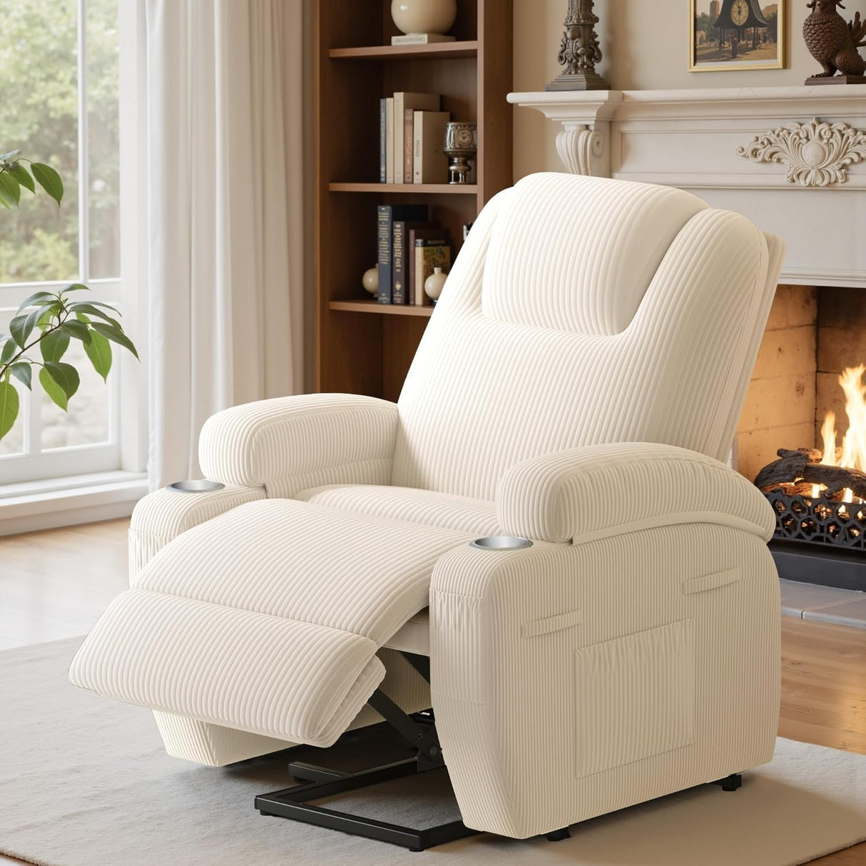 Power Lift Recliner Chair for Elderly with Massage Electric Lift Recliner Chairs with Cup Holders Side Pockets for Living Room (Corduroy, White) Shahoo