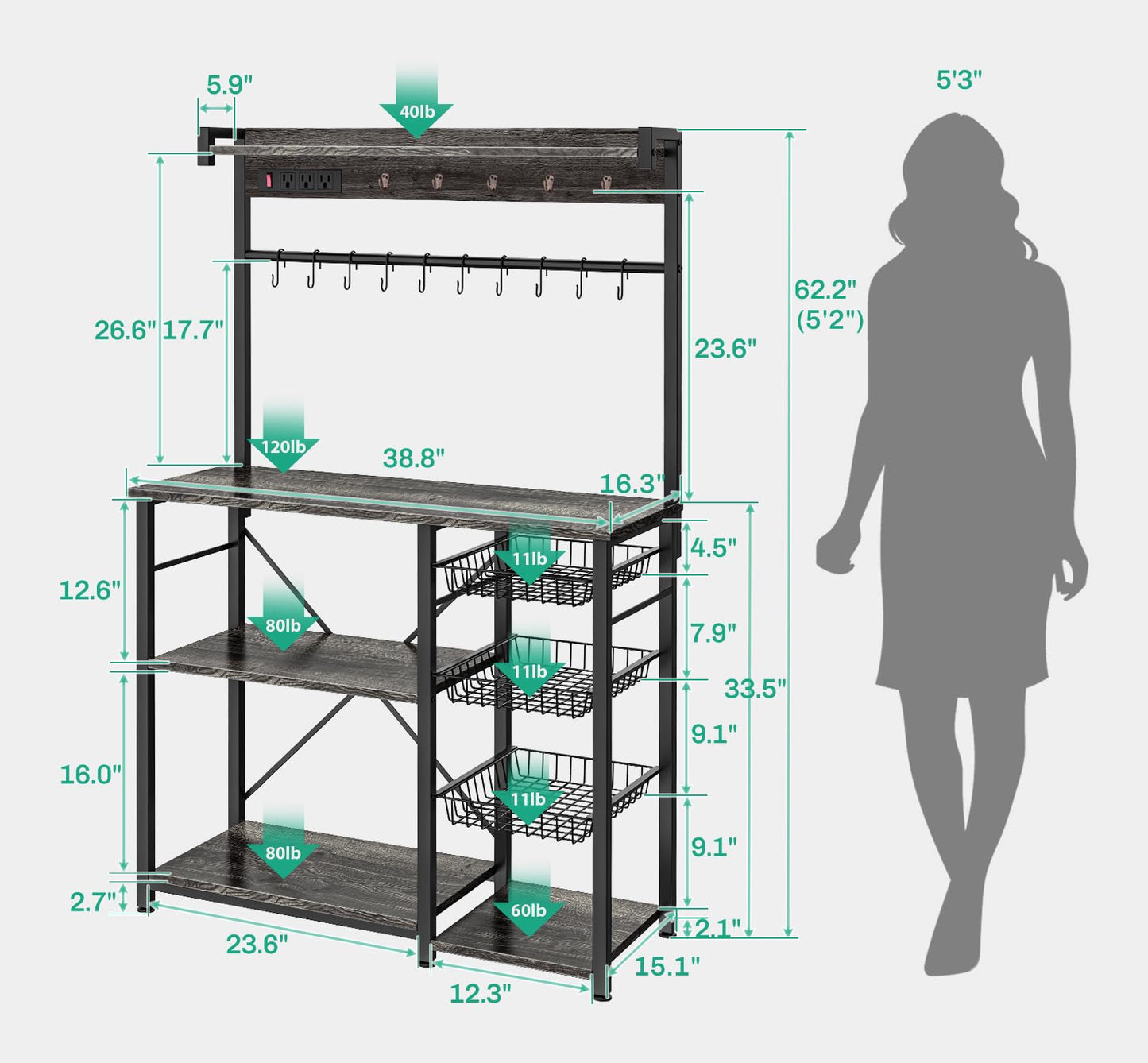 Kalrin Large Bakers Rack with Power Outlets 38.8 Inches, 15 Hooks Coffee Bar with 3 Wire Basket, Microwave Stand Kitchen Storage Shelf for Spices, Cups, Pots, 38.8 x 16.3 x 62.2 in, Gray Oak