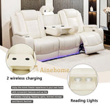 A Ainehome Power Leather Recliner Sofa Set with LED Lights, Recliner Sofa Sectional Couches for Living Room, Reclining Sofa and loveseat with USB Port/Storage Console(Creamy White,Sofa) A Ainehome