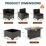 VONZOY 13 Piece Patio Furniture Set with Fire Pit Table, Outdoor Sectional Conversation Sets Black Wicker Rattan Sectional Sofa for Patio Garden Backyard, 4'' Thickened Cushion VONZOY