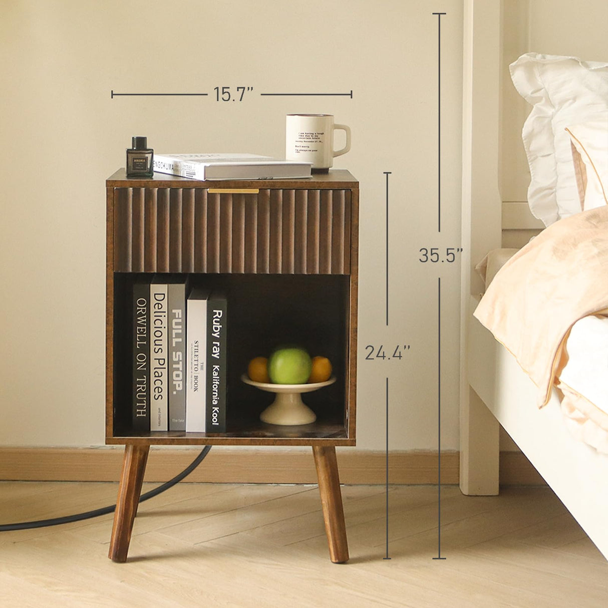 Fultyle Mid Century Modern Nightstand with Charging Station, Modern Bedside Table with Fluted Drawer and Storage Shelf, End Side Tables Living Room for Bedroom, Office (Rustic Brwon) Fultyle