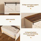 UPOSOJA Farmhouse Storage Bench with Cushion, Shoe Rack with Slide Barn Doors, Adjustable Shelf and 2 Drawer for Entry, Bedroom, Closet, Living Room, Hallway (White Brown, 40 in) UPOSOJA