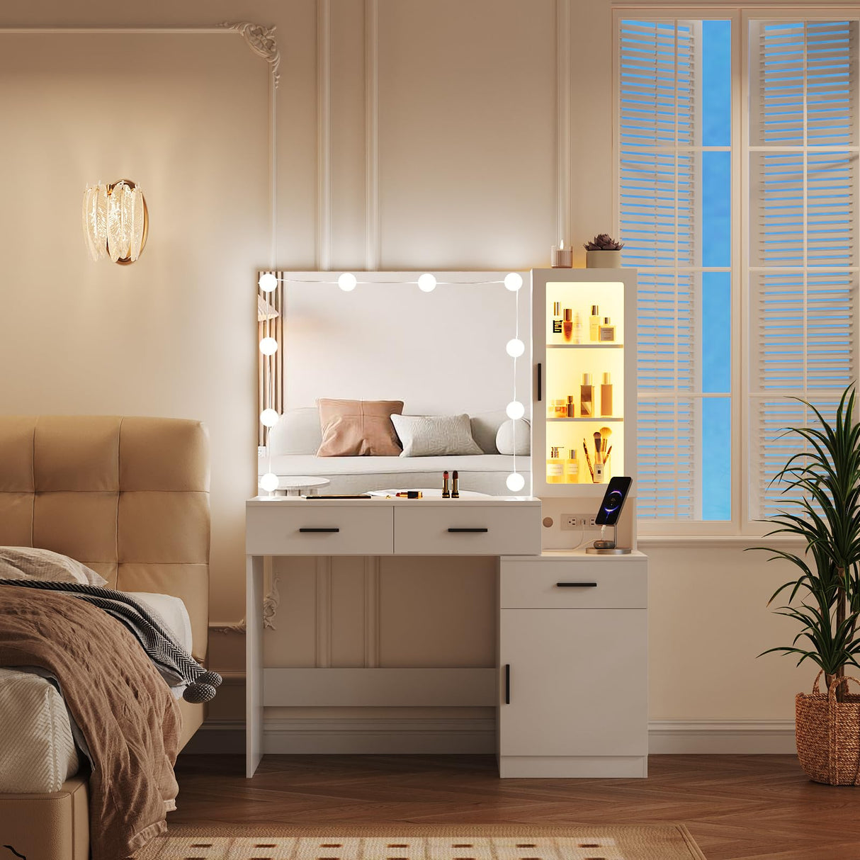 Fameill Makeup Vanity Glass Top with Lights, White Vanity Desk with Mirror & Charging Station, Vanity Table Set with RGB Lights, Large Mirror with 3 Lighting Modes, 3 Drawers & 2 Cabinets, 43in(L) Fameill