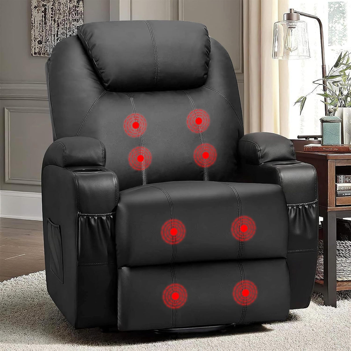 Flamaker Power Lift Recliner Chair with Vibration Massage for Elderly Ergonomic Lounge Chair Classic Single Sofa with Cup Holders Side Pockets for Living Room (Dark Black) Flamaker