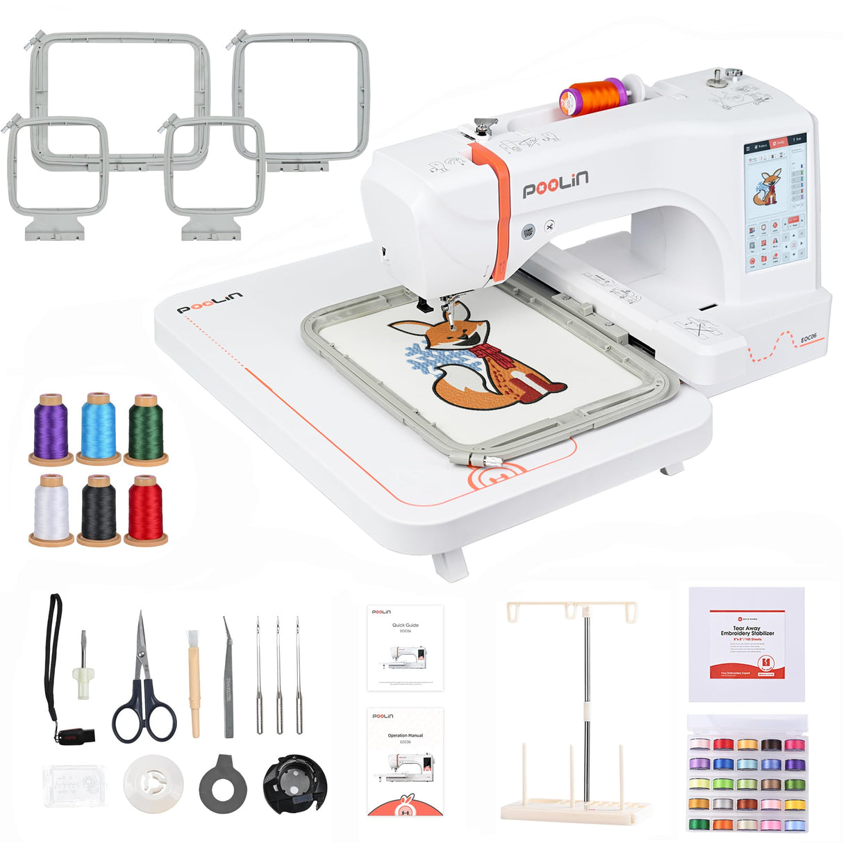POOLIN EOC06 Embroidery Machine 7.9x11 Inch Large Hoop for Beginners,Computerized 7 Inch Touchscreen,Machine Embroidery Gifts,Includes Hoops,USB,Stabilizer,Bobbins,Home Embroidery Machine Poolin