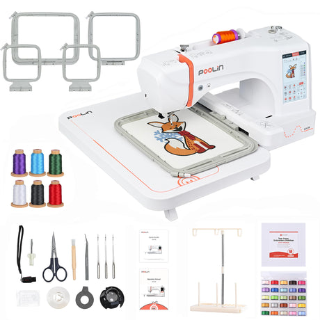 POOLIN EOC06 Embroidery Machine 7.9x11 Inch Large Hoop for Beginners,Computerized 7 Inch Touchscreen,Machine Embroidery Gifts,Includes Hoops,USB,Stabilizer,Bobbins,Home Embroidery Machine Poolin