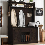 4ever2buy Farmhouse Hall Tree with Storage, 42 Inch Wide Entryway Bench with 2 Sliding Barn Doors, Brown Tall Hall Tree with Coat Rack & Shoe Storage for Living Room 4ever2buy