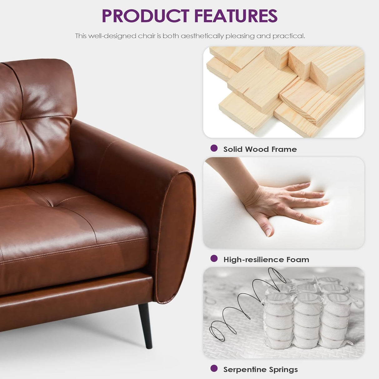 Sofa Couch 61" Small Loveseat Couches for Living Room Chestnut Brown Leather Couch Mid Century Modern Tufted Mini Sofa Comfy Office 2 Seat Settee Love Seat Small Couches for Small Spaces Bedroom TYBOATLE