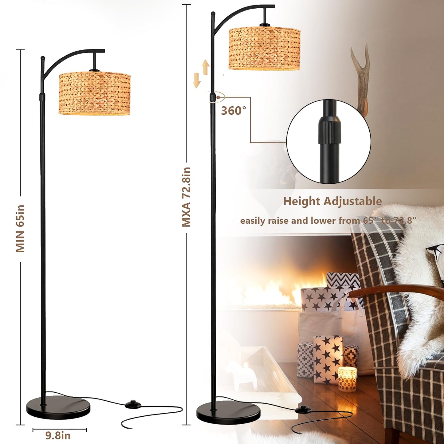 QIYIZM Floor Lamp for Living Room Bedroom Farmhouse Arc Rattan Boho Standing Lamp with Remote Dimmable Black Wicker Bamboo Lamp Shade Floor Light Adjustable Tall Lamp Industrial Floor Lamps B - WoodArtSupply