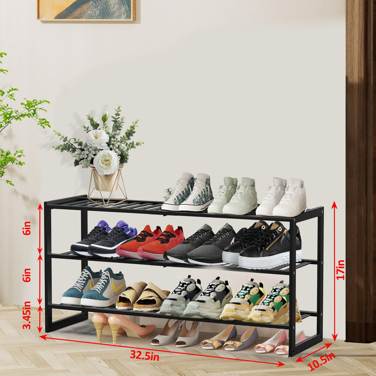 Jripae Bamboo Shoe Rack for Closet, Stackable 3 Tier Longer Shoe Organizer Shelf Holder Storage 12-15 Pairs for Entryway Door Hallway Bedroom Garage Space Saving Foldable Black Jripae