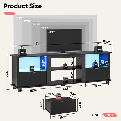 Bestier 70" Gaming Entertainment Center with Drawers, LED TV Stand for 75 Inch TV, TV Entertainment Stand for Living Room with Storage and Glass Shelves (Black 3D Carbon Fiber)