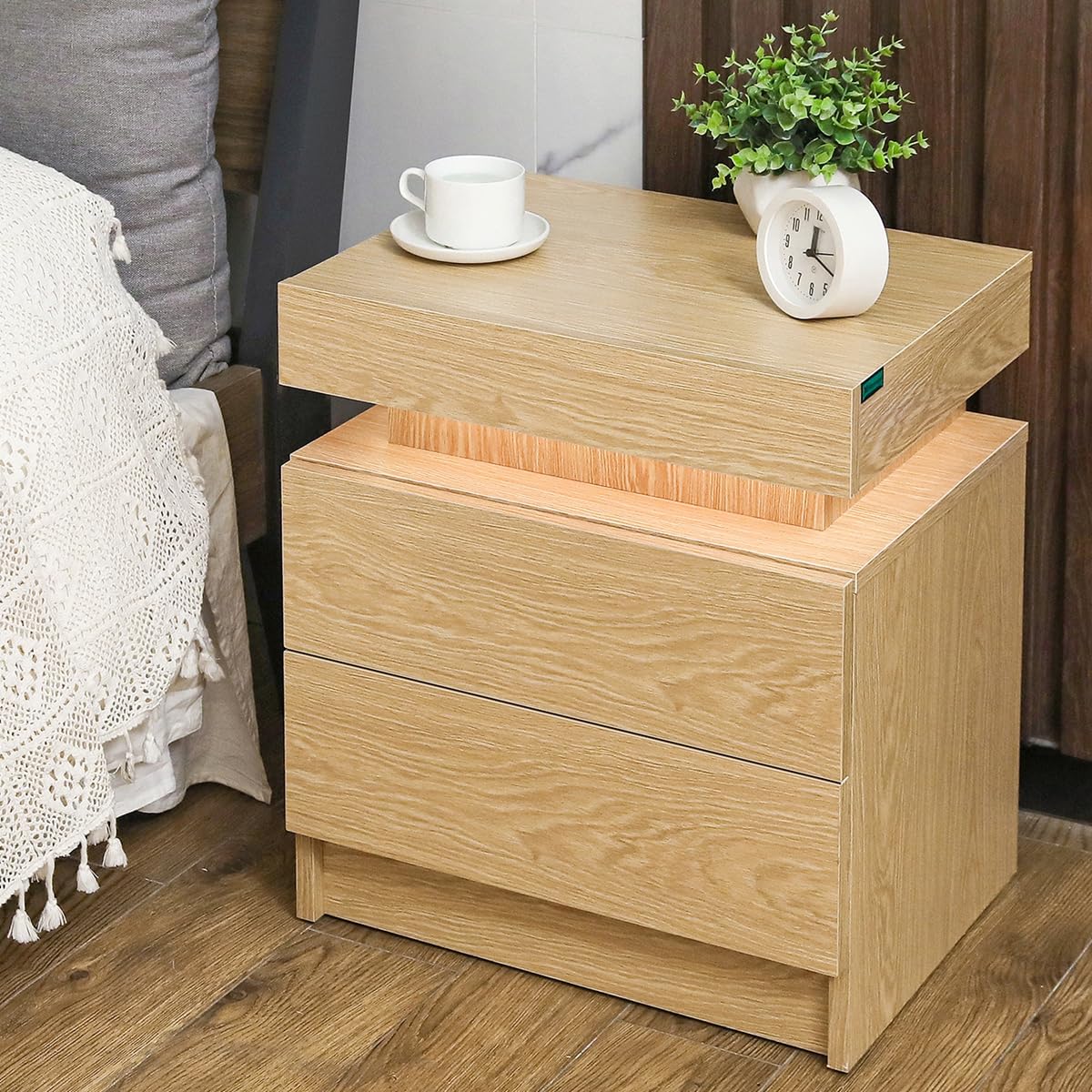 HOMMPA LED Nightstand Wood Bedside Table with Led Lights Modern LED Night Stand with 2 Drawers Smart Nightstand Matte Night Table for Bedroom 20.5" Tall - WoodArtSupply