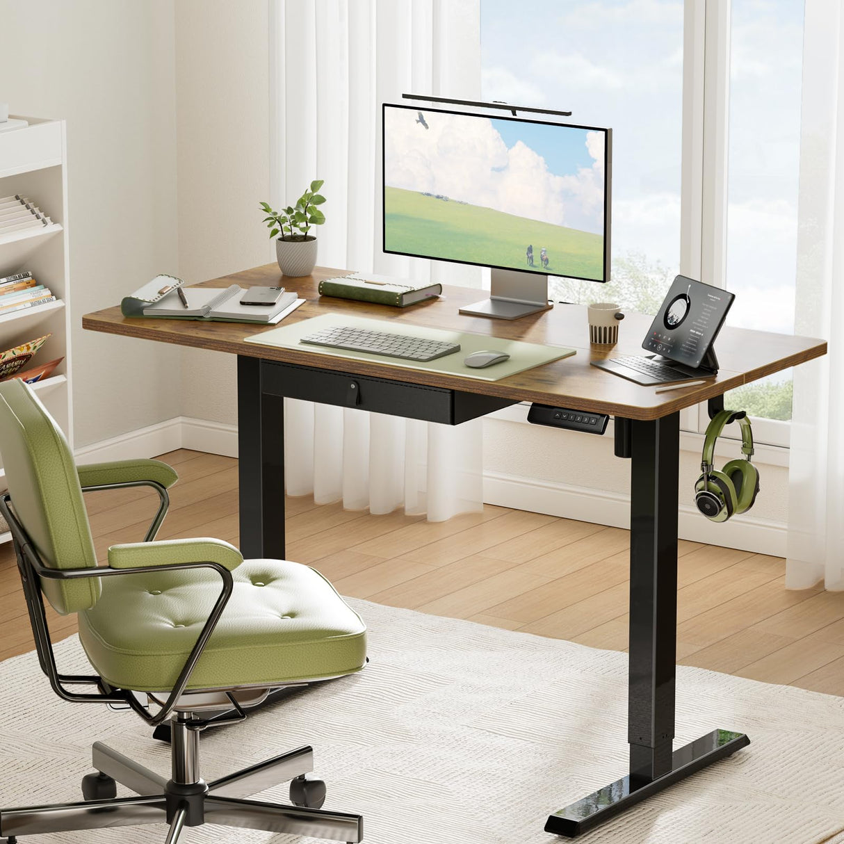 Marsail Electric Standing Desk with Drawer, 48 x 24 Electric Stand Up Desk, Ergonomic Adjustable Desk with Storage, Headphone/Bag Hooks, Computer Desk for Home & Office with Cable Management,Brown Marsail