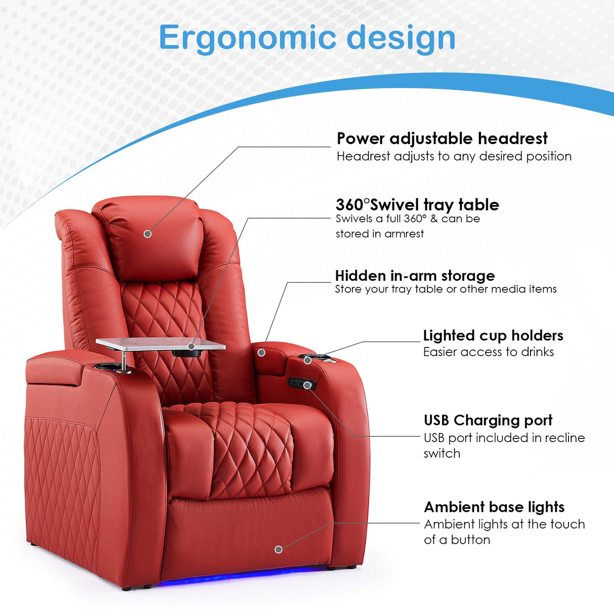 Weilianda Home Theater Seating Top Grain Leather Zero Gravity Recliner Chair Power Headrest Recline Movie Seat Gaming 7 Colors Mood Light Sofa with Tray Table USB Charge Row of 1 Red Weilianda