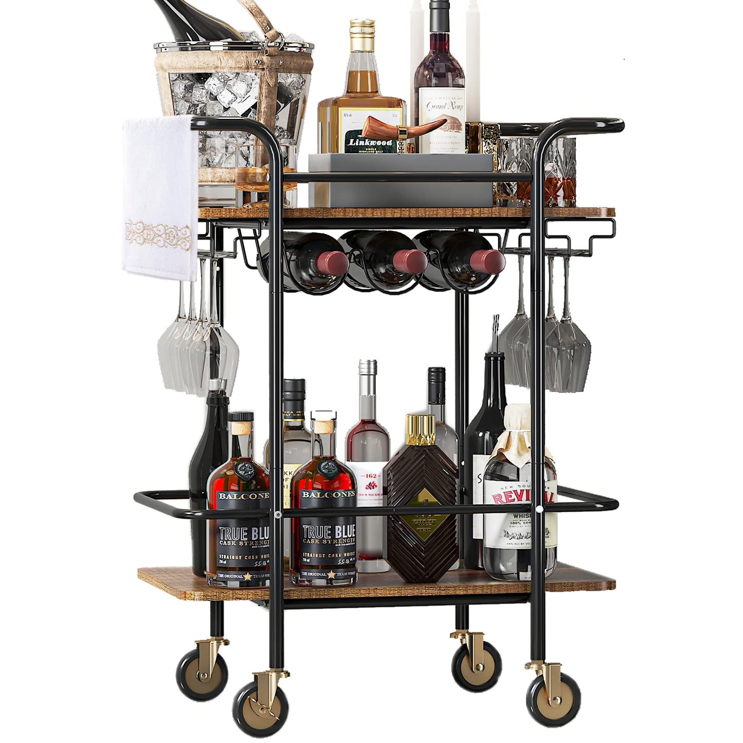 Wisdom Star 2 Tier Bar Cart with Wheels, Serving Cart with Wheels and 2 Handle, Outdoor Bar Cart for The Home with Wine Rack and Glass Holder, Kitchen Serving Cart for Home, Dining Room, Part - WoodArtSupply