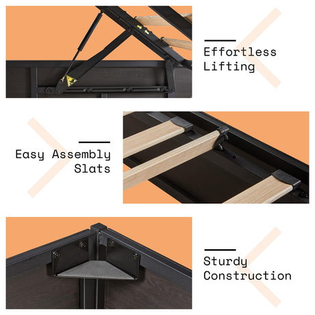 AMERLIFE Lift Up Storage Bed, King Bed Frame with Storage Underneath, Wooden Platform Bed Frame, Solid Wood Slats Support, No Fixed Headboard, No Box Spring Needed, Dark Oak AMERLIFE