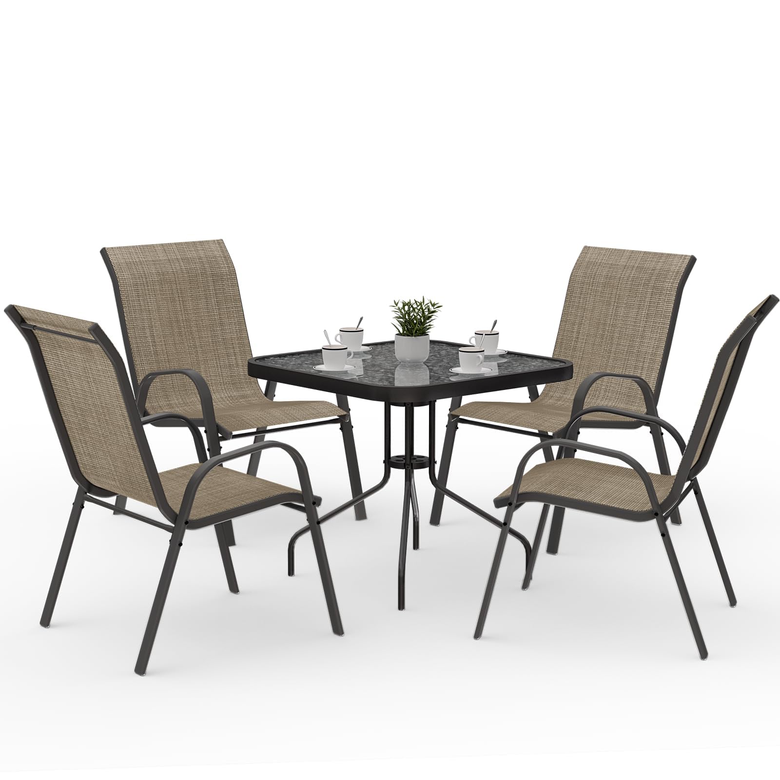 Amopatio Outdoor Dining Set of 5, Patio Table and Chairs Set, Textured Glass Tabletop, 4 Stackable Patio Chairs, Patio Furniture, Balcony, Porch, Lawn- Brown - WoodArtSupply