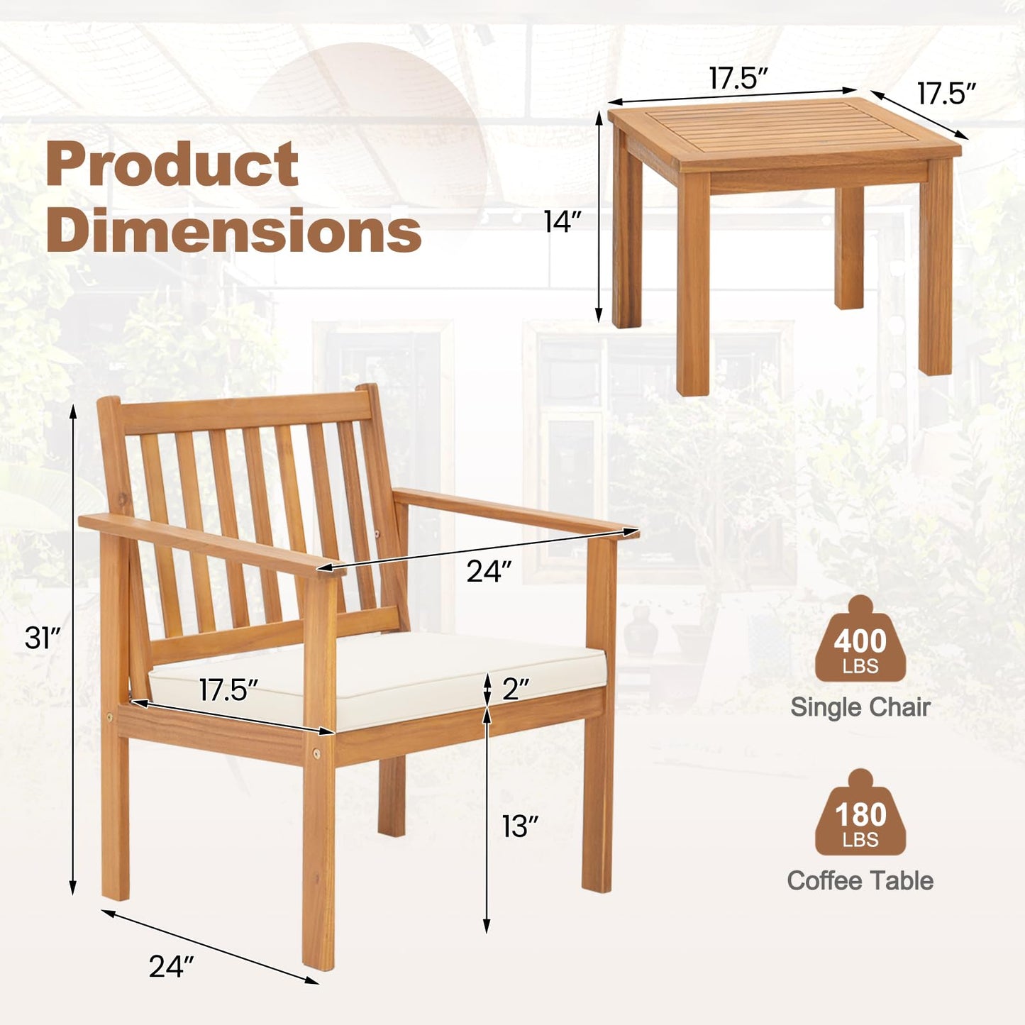 Tangkula 3 Pieces Patio Wood Furniture Set, Acacia Wood Chairs and Coffee Table Set with Soft Cushions, Slatted Design, Outdoor Furniture Set for Porch, Yard, Balcony (White) - WoodArtSupply