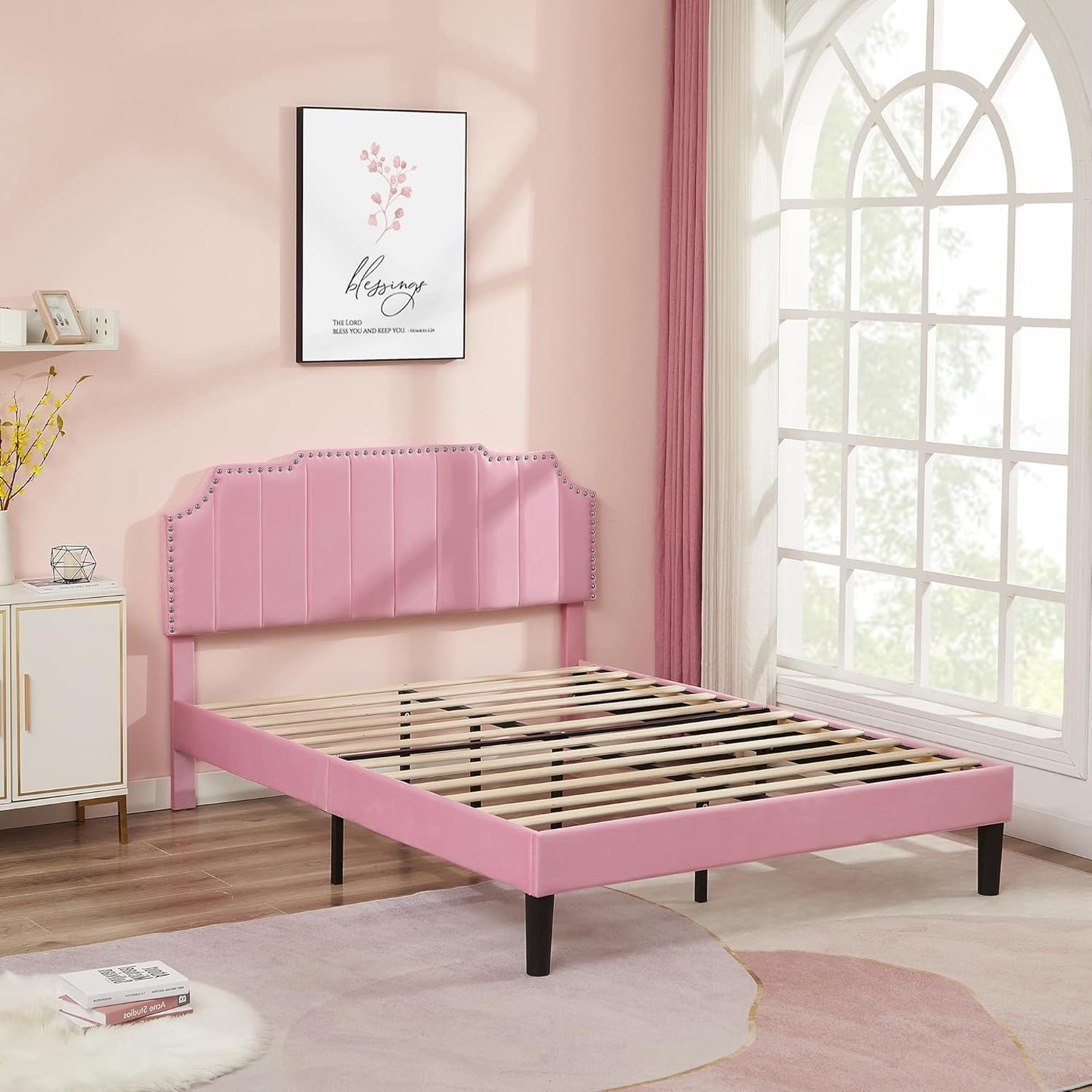 VECELO Queen Upholstered Platform Bed Frame with Tufted Adjustable Headboard/Mattress Foundation/Wood Slat Support,Easy Assembly,Pink