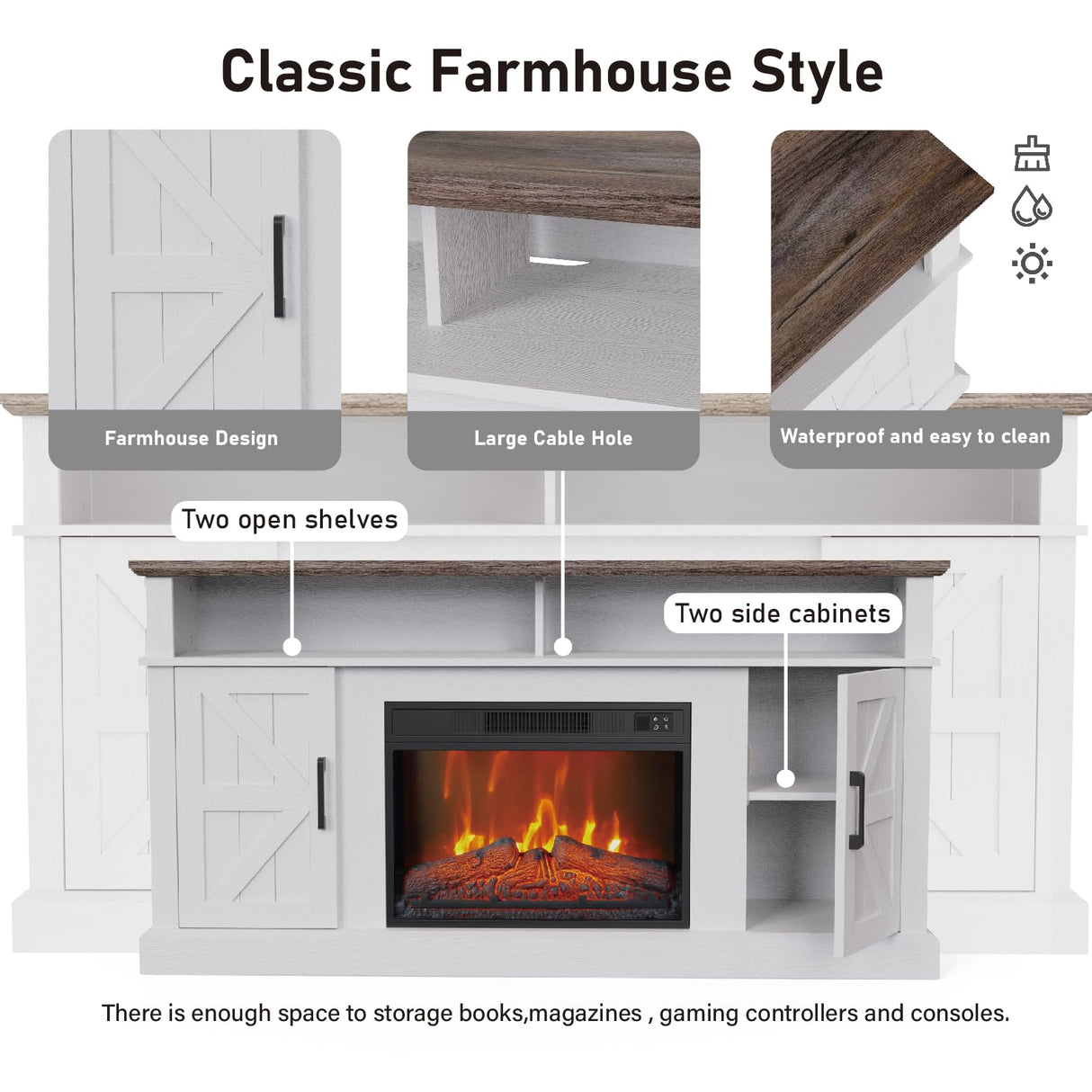 Luban Nese Fireplace TV Stand for TVs Up to 65" with 23" Electric Fireplace, Entertainment Center with Storage Cabinet and Open Shelves, Media Console with Barn Doors for Living Room (White) Luban Nese