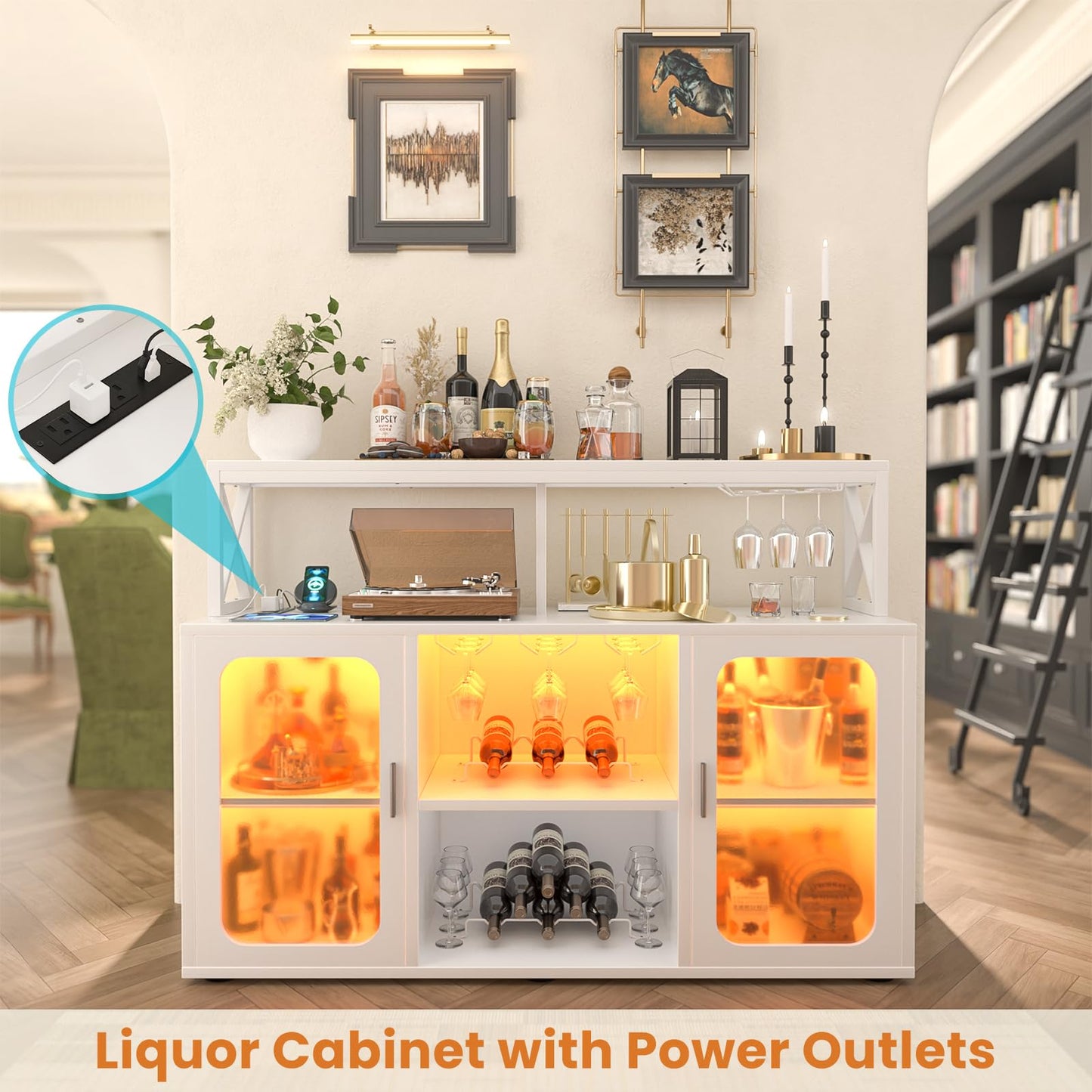 Aheaplus Bar Cabinet with Power Outlet, Liquor Cabinet with Led Lights and Glass Holders, Storage Buffet Cabinet Coffee Bar Cabinet for Liquor, Wine Cabinet with Racks for Home, Kitchen, S3, White