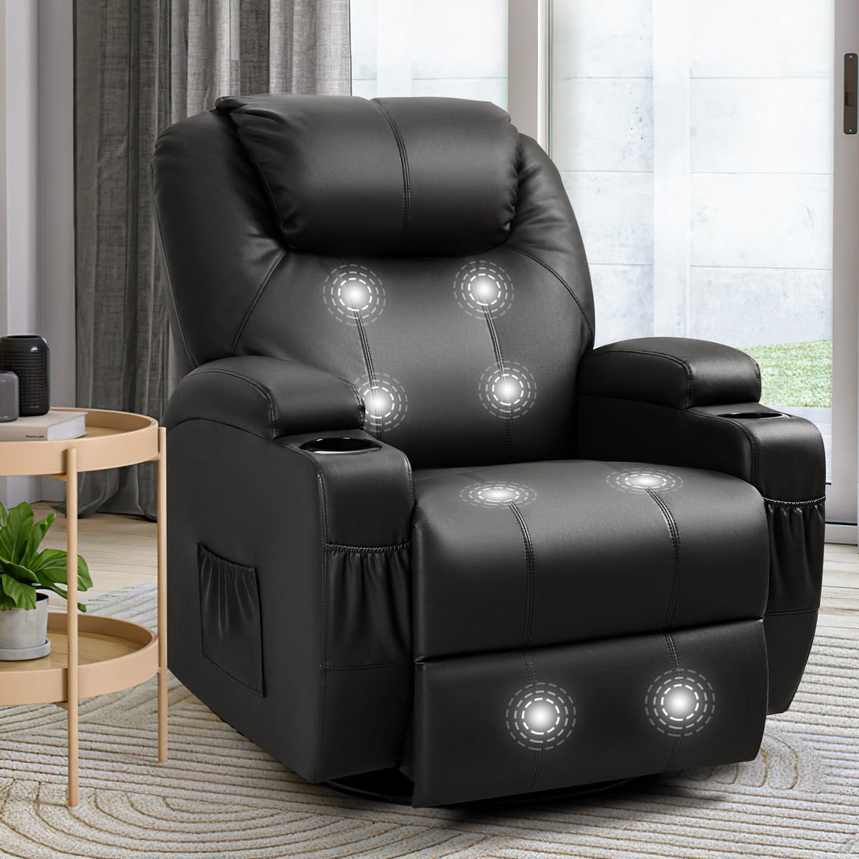 Furniwell Rocker Recliner Chair with Massage for Elderly, Leather Adjustable 360°Swivel Rocking Sofa for Living Room with Remote Control, Cup Holders (Black) Furniwell